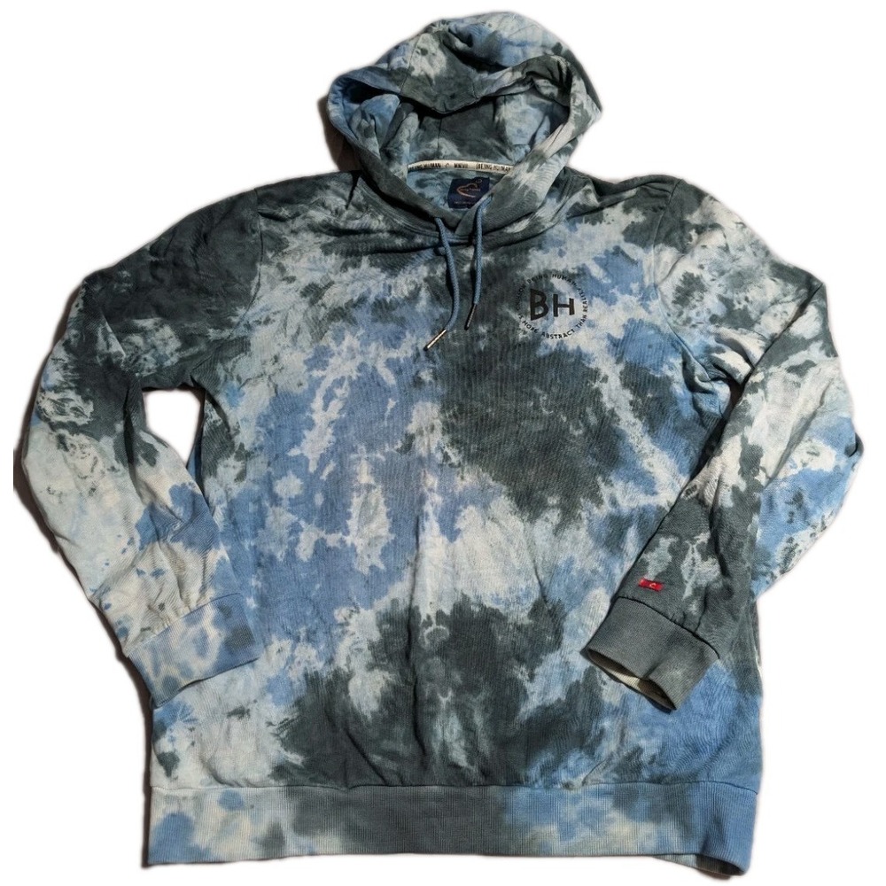 Being‎ Human Tie Dye Hooded Sweatshirt Mens L Blue Black Abstract Fleece Hoodie